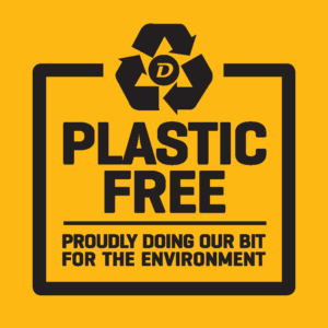DEA Plastic Free Sticker 100x100mm Final Plastic Free - Proudly Doing Our Bit for the Environment - Doherty Couplers and Attachments